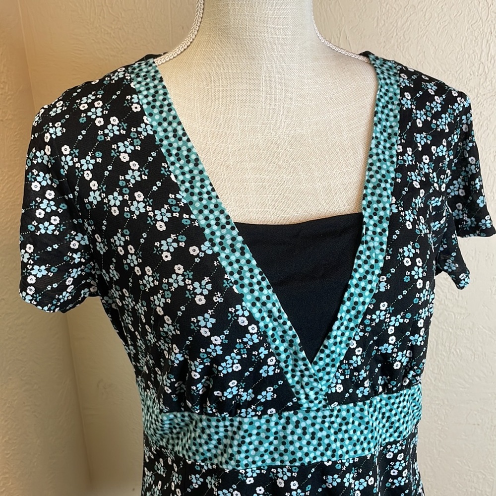 Style & Co. Teal Blue & Black Floral Blouse - Picture 2 of 7